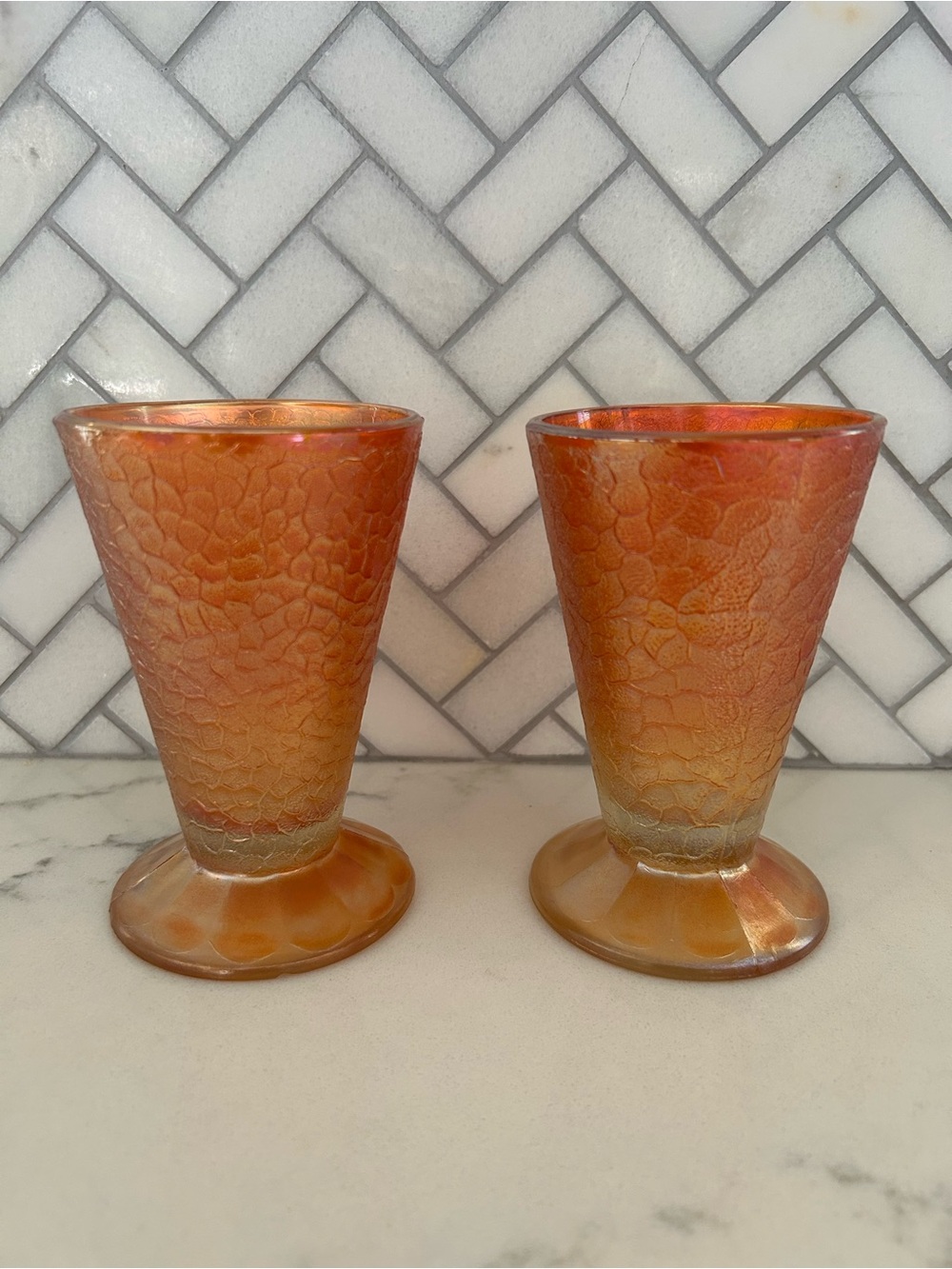 Jeannette Glass, Marigold Crackle Carnival Glass Footed Tumbler - Set of 2